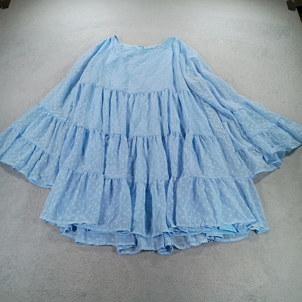 Altar'd State Women Tiered Swiss Dot Mini Dress Blue Medium Ruffle Long Sleeve